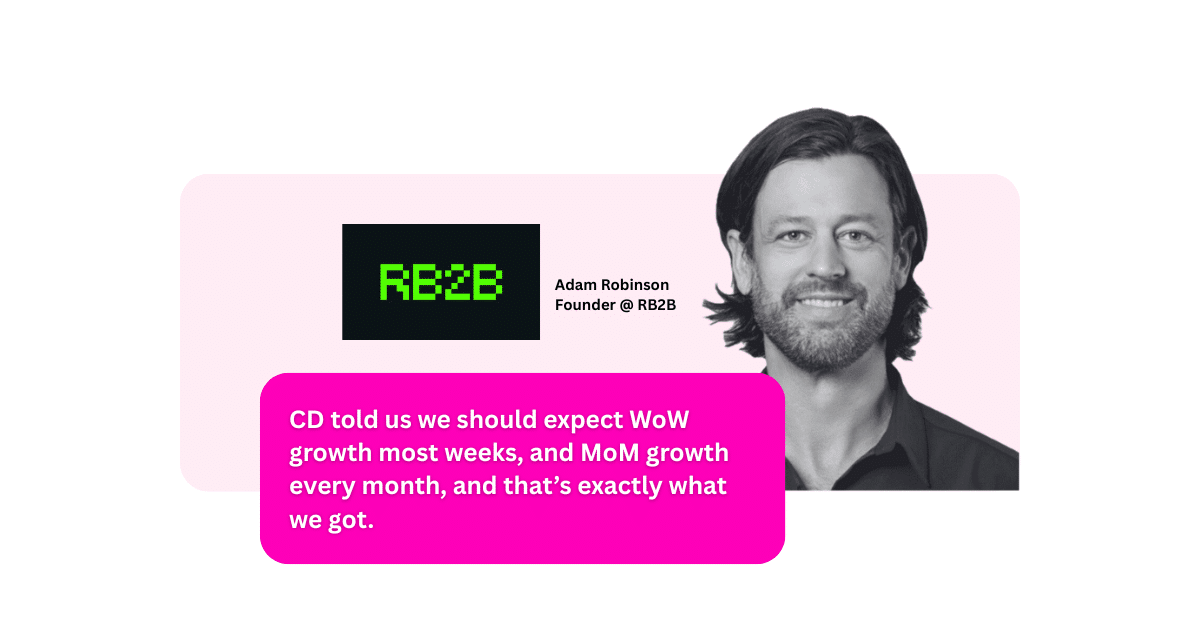 "CD told us we should expect WoW growth most weeks, and MoM growth every month, and that’s exactly what we got.," Adam Robinson, Founder of RB2B said about Content Distribution.